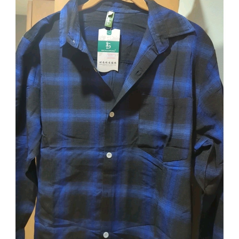 Nanchang Shenglong Men's Blue And‎ Black Plaid Shirt NWT - Picture 2 of 6